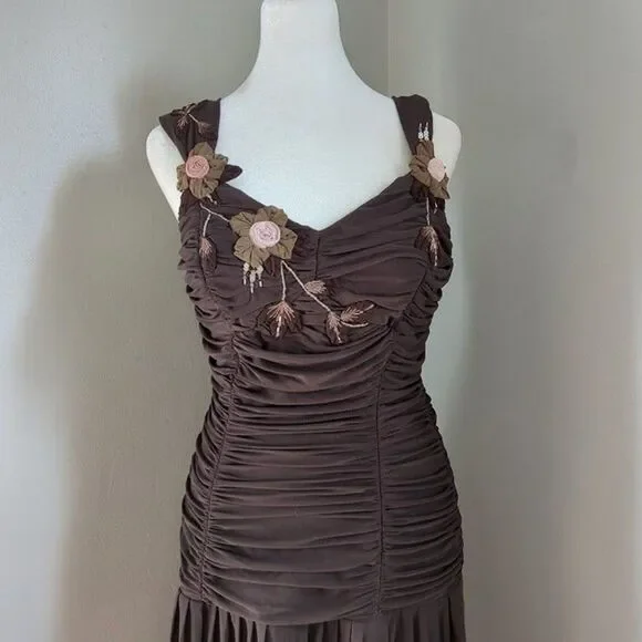 Vintage Sue Wong Mesh Dress Y2K Fairycore Drop Waist Brown Whimsygoth Size 6 - Picture 3 of 11